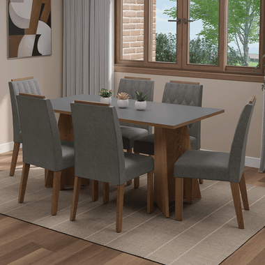 Conjunto Sala de Jantar Tampo de Madeira 6 Cadeiras Rustic/Cinza/Silver Leon Madesa