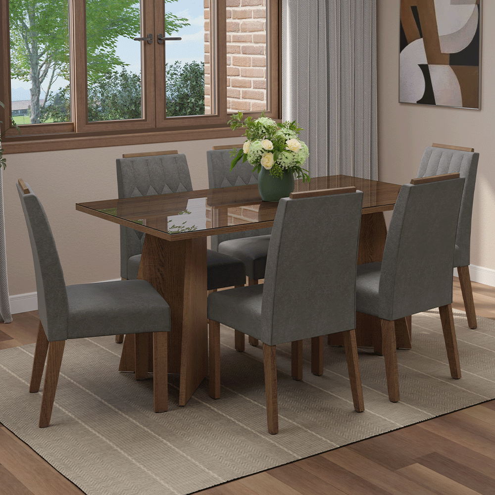 Conjunto Sala de Jantar Tampo de Vidro 6 Cadeiras Rustic/Silver Sintra Madesa