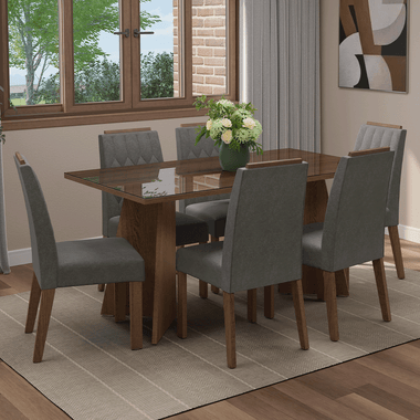 Conjunto Sala de Jantar Tampo de Vidro 6 Cadeiras Rustic/Silver Sintra Madesa