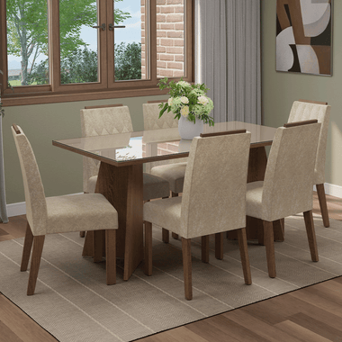 Conjunto Sala de Jantar Tampo de Vidro 6 Cadeiras Rustic/Crema/Imperial Sintra Madesa