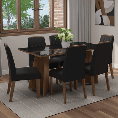 Conjunto Sala de Jantar Tampo de Vidro 6 Cadeiras Rustic/Preto/Oxford Sintra Madesa