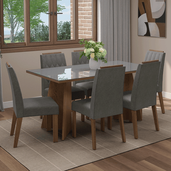 Conjunto Sala de Jantar Tampo de Vidro 6 Cadeiras Rustic/Cinza/Silver Sintra Madesa