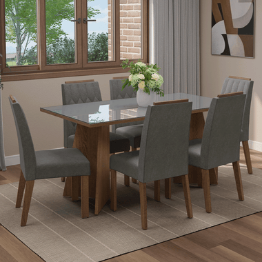Conjunto Sala de Jantar Tampo de Vidro 6 Cadeiras Rustic/Cinza/Silver Sintra Madesa