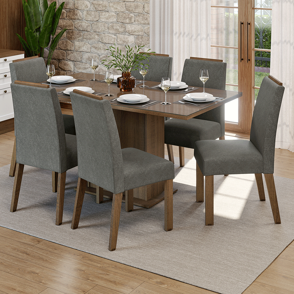 Conjunto Sala de Jantar Tampo de Vidro 6 Cadeiras Rustic/Silver Dália Madesa