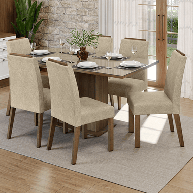 Conjunto Sala de Jantar Tampo de Vidro 6 Cadeiras Rustic/Crema/Imperial Dália Madesa