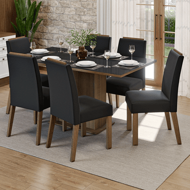 Conjunto Sala de Jantar Tampo de Vidro 6 Cadeiras Rustic/Preto/Oxford Dália Madesa