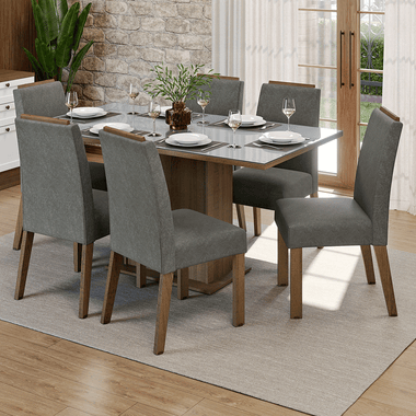 Conjunto Sala de Jantar Tampo de Vidro 6 Cadeiras Rustic/Cinza/Silver Dália Madesa