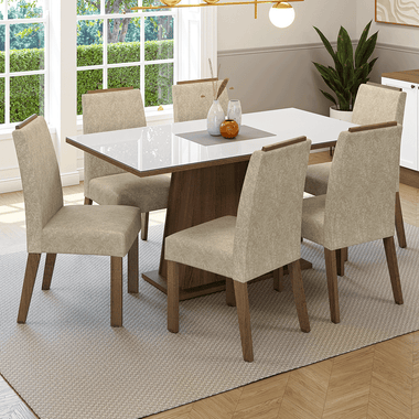 Conjunto Sala de Jantar Tampo de Vidro 6 Cadeiras Rustic/Branco/Imperial Tulipa Madesa