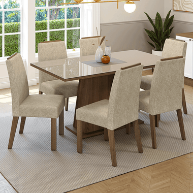 Conjunto Sala de Jantar Tampo de Vidro 6 Cadeiras Rustic/Crema/Imperial Tulipa Madesa