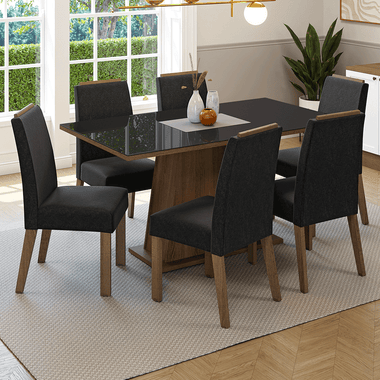 Conjunto Sala de Jantar Tampo de Vidro 6 Cadeiras Rustic/Preto/Oxford Tulipa Madesa