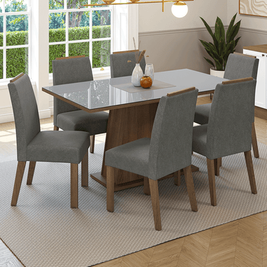 Conjunto Sala de Jantar Tampo de Vidro 6 Cadeiras Rustic/Cinza/Silver Tulipa Madesa