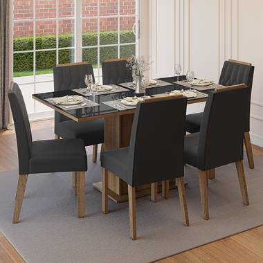 Conjunto Sala de Jantar Tampo de Vidro 6 Cadeiras Rustic/Preto/Oxford Azaleia Madesa