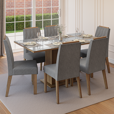 Conjunto Sala de Jantar Tampo de Vidro 6 Cadeiras Rustic/Cinza/Silver Azaleia Madesa