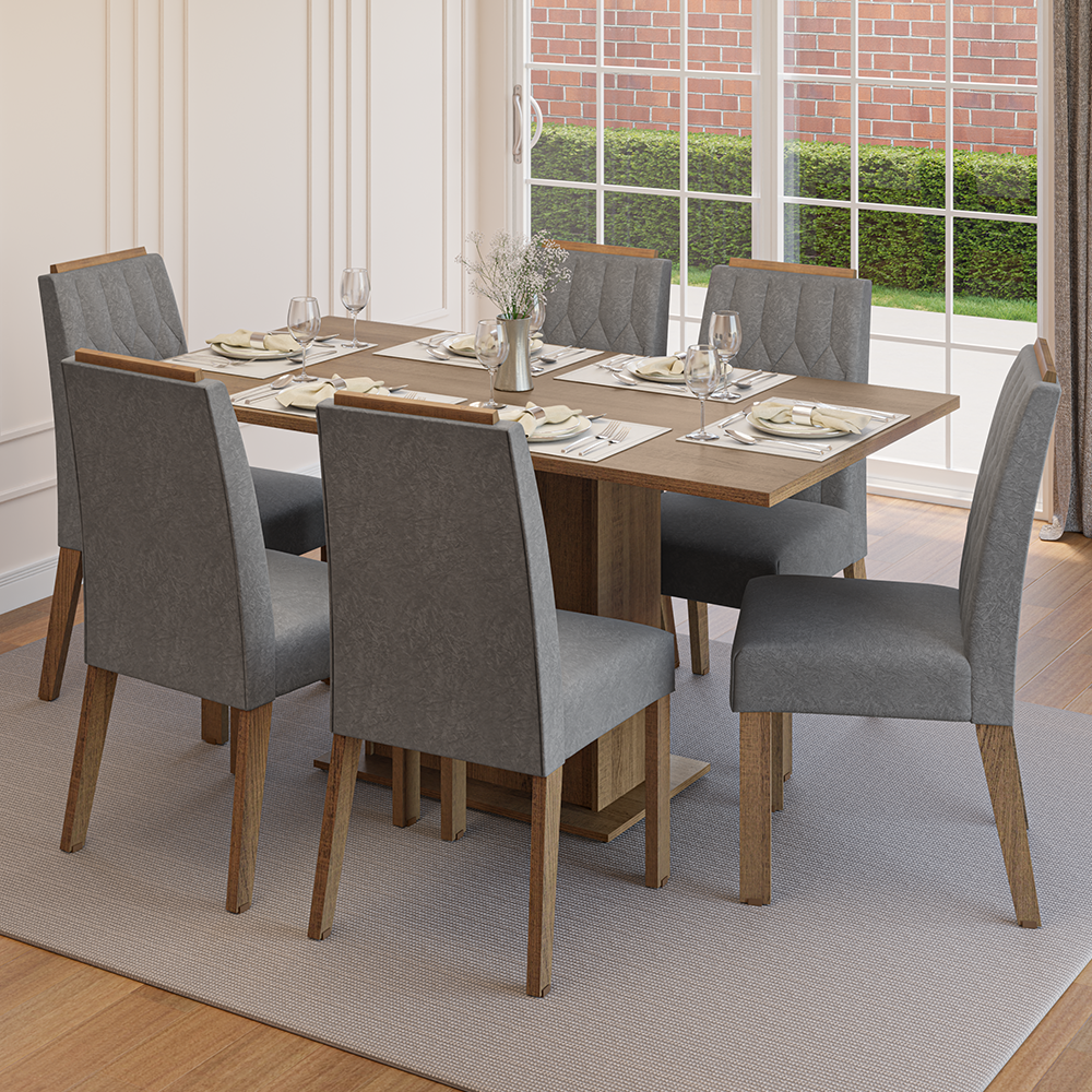 Conjunto Sala de Jantar Tampo de Madeira 6 Cadeiras Rustic/Silver Bosque Madesa
