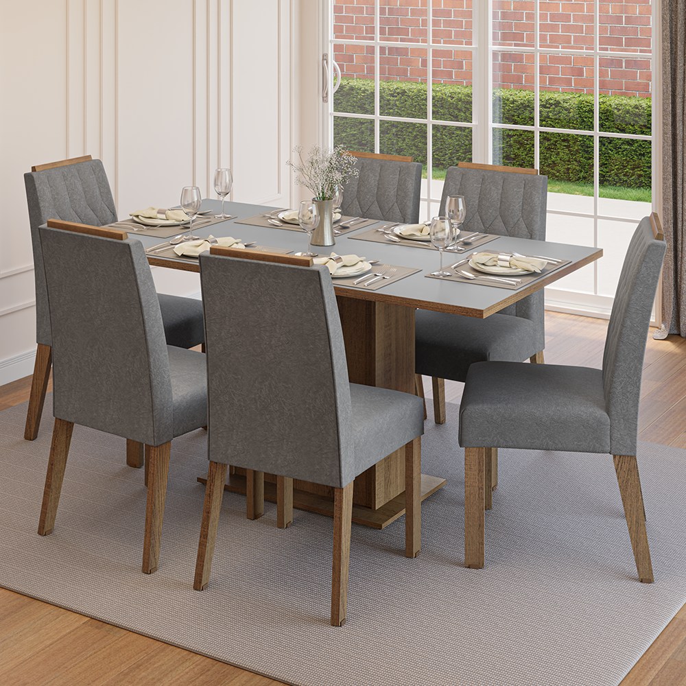 Conjunto Sala de Jantar Tampo de Madeira 6 Cadeiras Rustic/Cinza/Silver Bosque Madesa