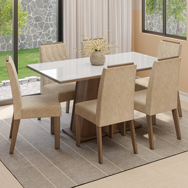 Conjunto Sala de Jantar Tampo de Vidro 6 Cadeiras Rustic/Branco/Imperial Peônia Madesa
