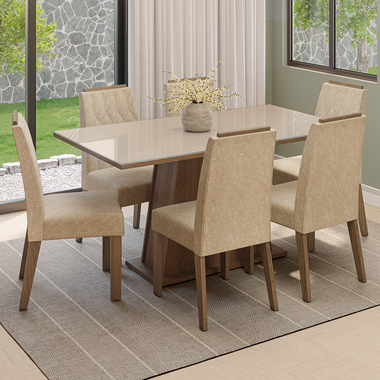 Conjunto Sala de Jantar Tampo de Vidro 6 Cadeiras Rustic/Crema/Imperial Peônia Madesa