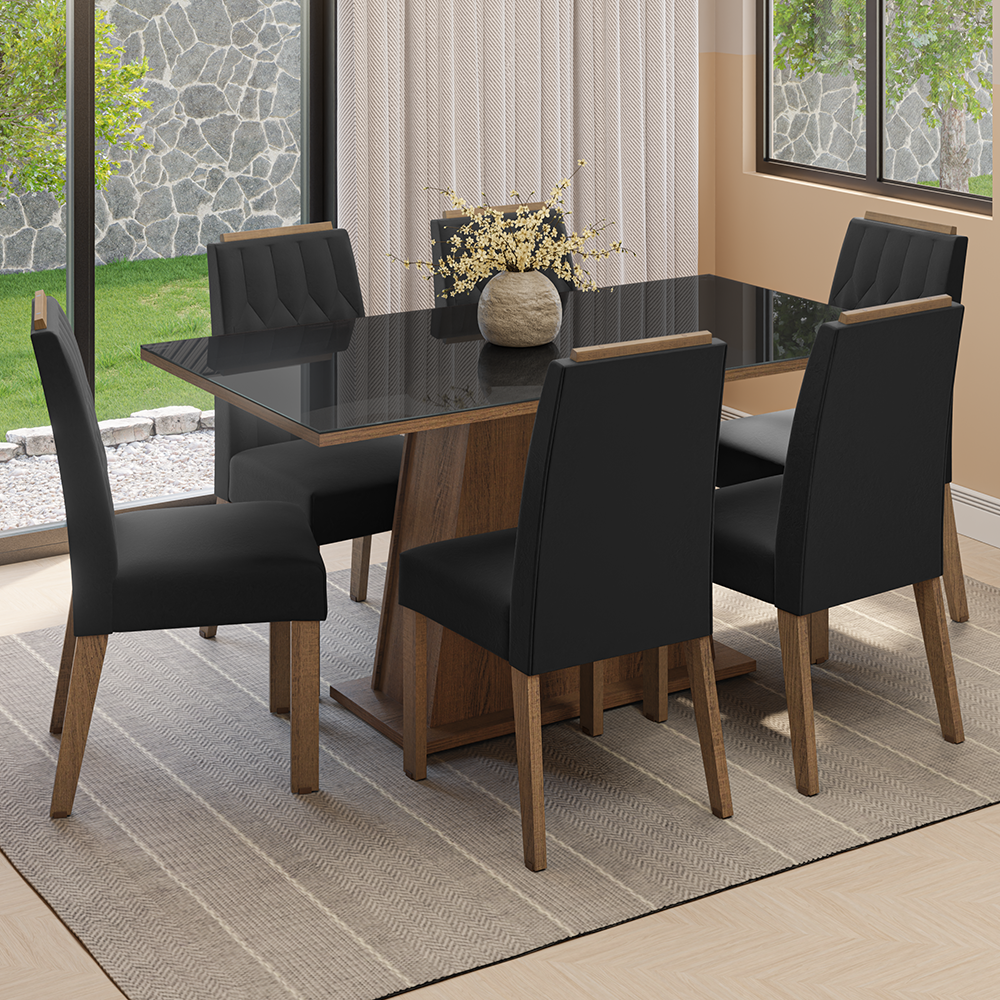 Conjunto Sala de Jantar Tampo de Vidro 6 Cadeiras Rustic/Preto/Oxford Peônia Madesa