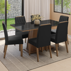 Conjunto Sala de Jantar Tampo de Vidro 6 Cadeiras Rustic/Preto/Oxford Peônia Madesa