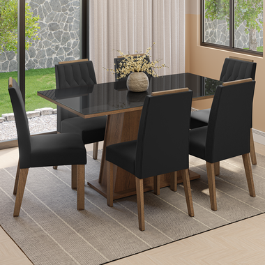 Conjunto Sala de Jantar Tampo de Vidro 6 Cadeiras Rustic/Preto/Oxford Peônia Madesa