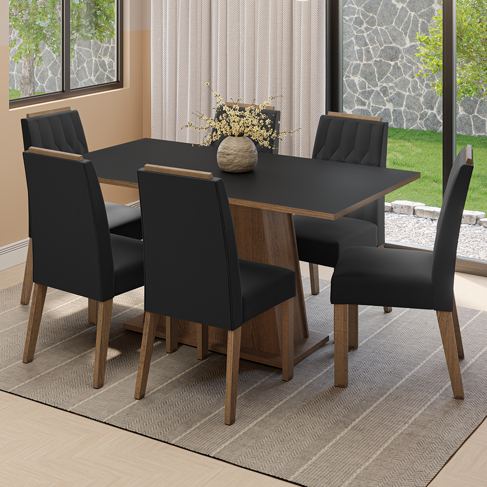 Conjunto Sala de Jantar Tampo de Madeira 6 Cadeiras Rustic/Preto/Oxford Cedro Madesa