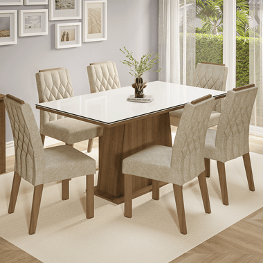Conjunto Sala de Jantar Tampo de Vidro 6 Cadeiras Rustic/Branco/Imperial Avenca Madesa
