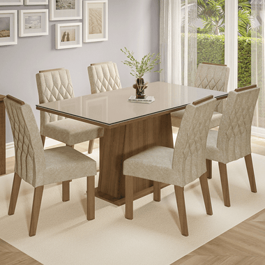 Conjunto Sala de Jantar Tampo de Vidro 6 Cadeiras Rustic/Crema/Imperial Avenca Madesa