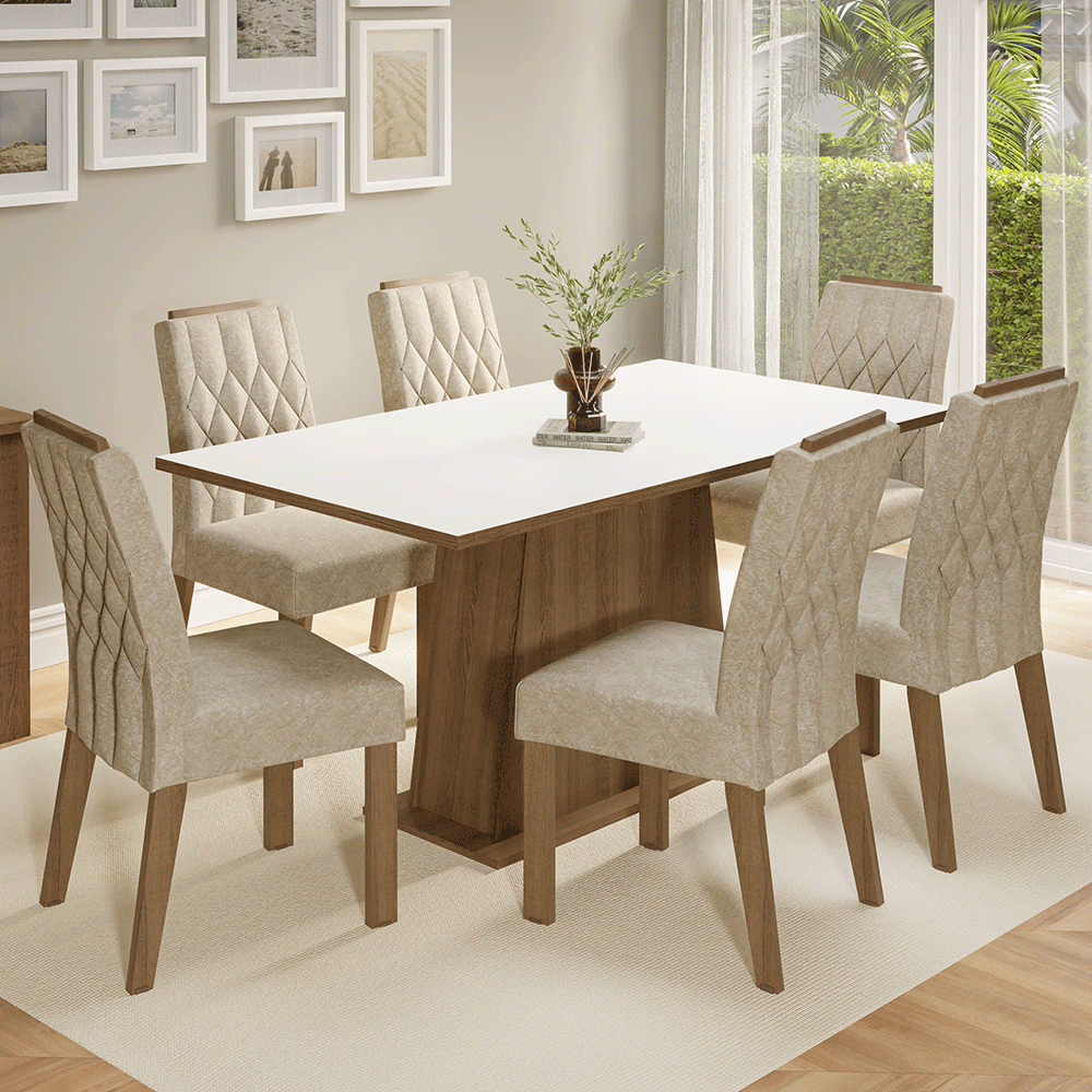 Conjunto Sala de Jantar Tampo de Madeira 6 Cadeiras Rustic/Branco/Imperial Hortelã Madesa