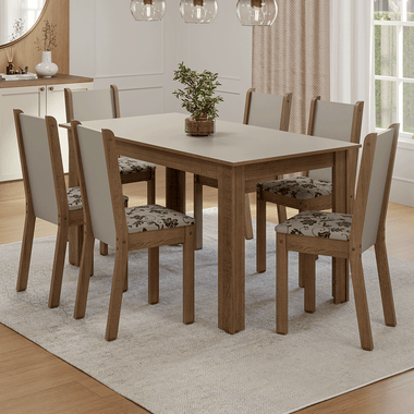 Conjunto Sala de Jantar Lucena Mesa Tampo de Madeira 6 Cadeiras Rustic/Crema/Bege Marrom Madesa