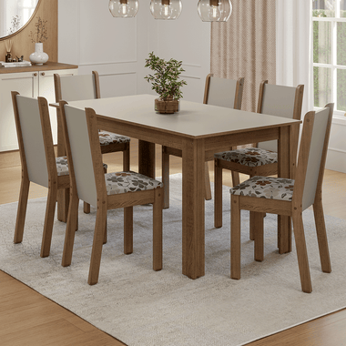 Conjunto Sala de Jantar Lucena Mesa Tampo de Madeira 6 Cadeiras Rustic/Crema/Floral Hibiscos Madesa