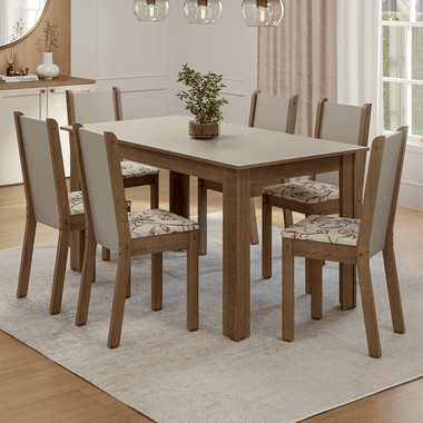 Conjunto Sala de Jantar Lucena Mesa Tampo de Madeira 6 Cadeiras Rustic/Crema/Lírio Bege Madesa