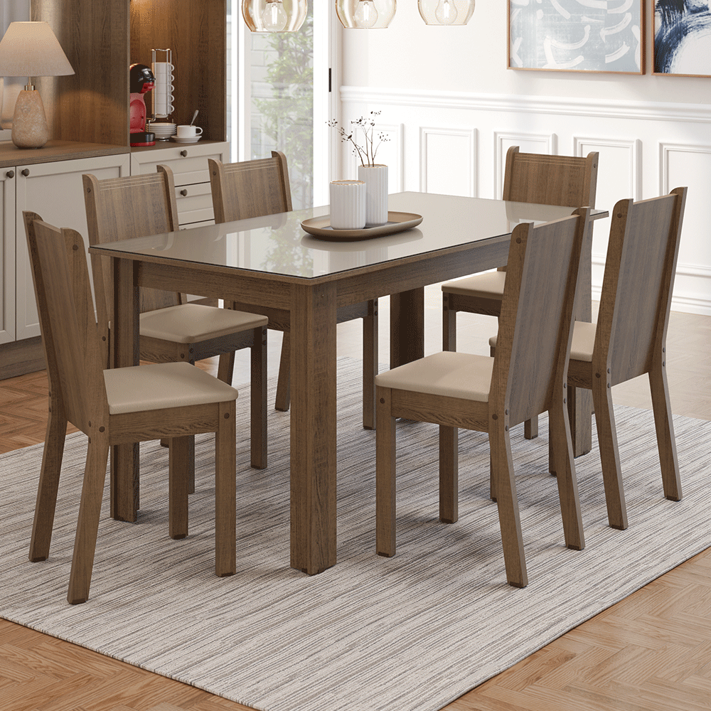 Conjunto Sala de Jantar Cereja Mesa Tampo de Vidro 6 Cadeiras Rustic/Crema/Sintético Bege Madesa