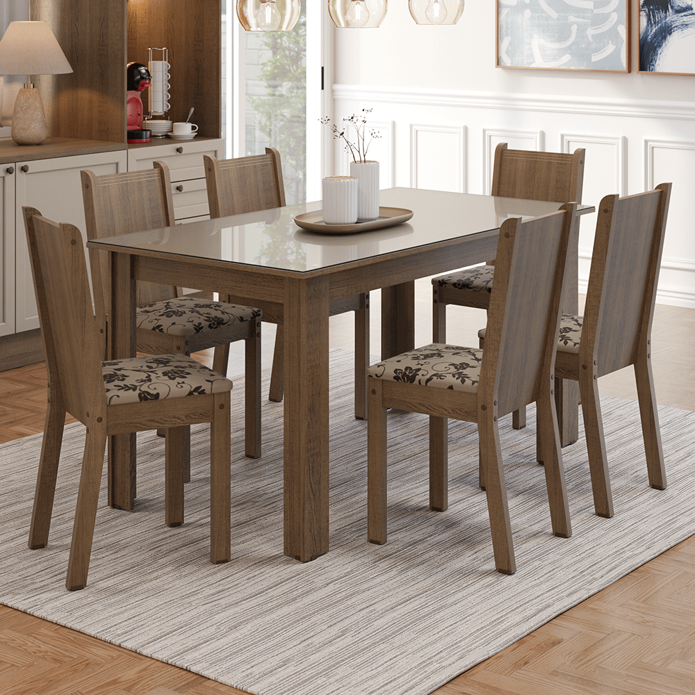 Conjunto Sala de Jantar Cereja Mesa Tampo de Vidro 6 Cadeiras Rustic/Crema/Bege Marrom Madesa