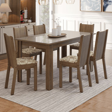 Conjunto Sala de Jantar Cereja Mesa Tampo de Vidro 6 Cadeiras Rustic/Crema/Lírio Bege Madesa