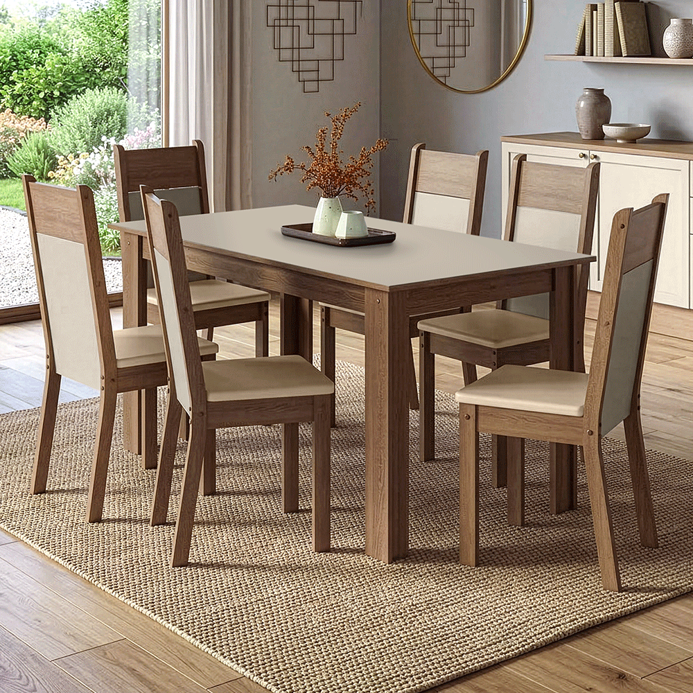 Conjunto Sala de Jantar Latte Mesa Tampo de Madeira 6 Cadeiras Rustic/Crema/Sintético Bege Madesa