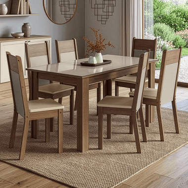 Conjunto Sala de Jantar Mocha Mesa Tampo de Vidro 6 Cadeiras Rustic/Crema/Sintético Bege Madesa