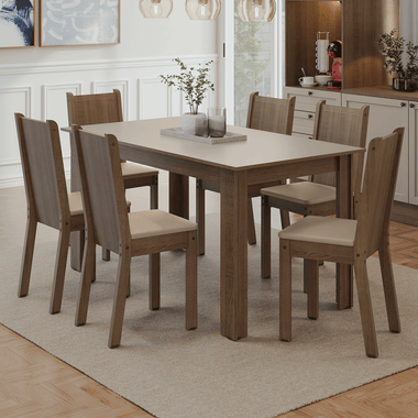 Conjunto Sala de Jantar Dolce Mesa Tampo de Madeira 6 Cadeiras Rustic/Crema/Sintético Bege Madesa