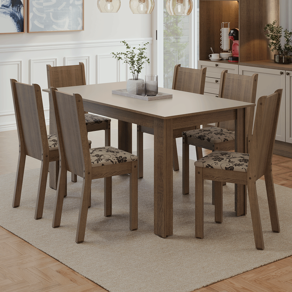 Conjunto Sala de Jantar Dolce Mesa Tampo de Madeira 6 Cadeiras Rustic/Crema/Bege Marrom Madesa
