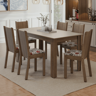 Conjunto Sala de Jantar Dolce Mesa Tampo de Madeira 6 Cadeiras Rustic/Crema/Floral Hibiscos Madesa