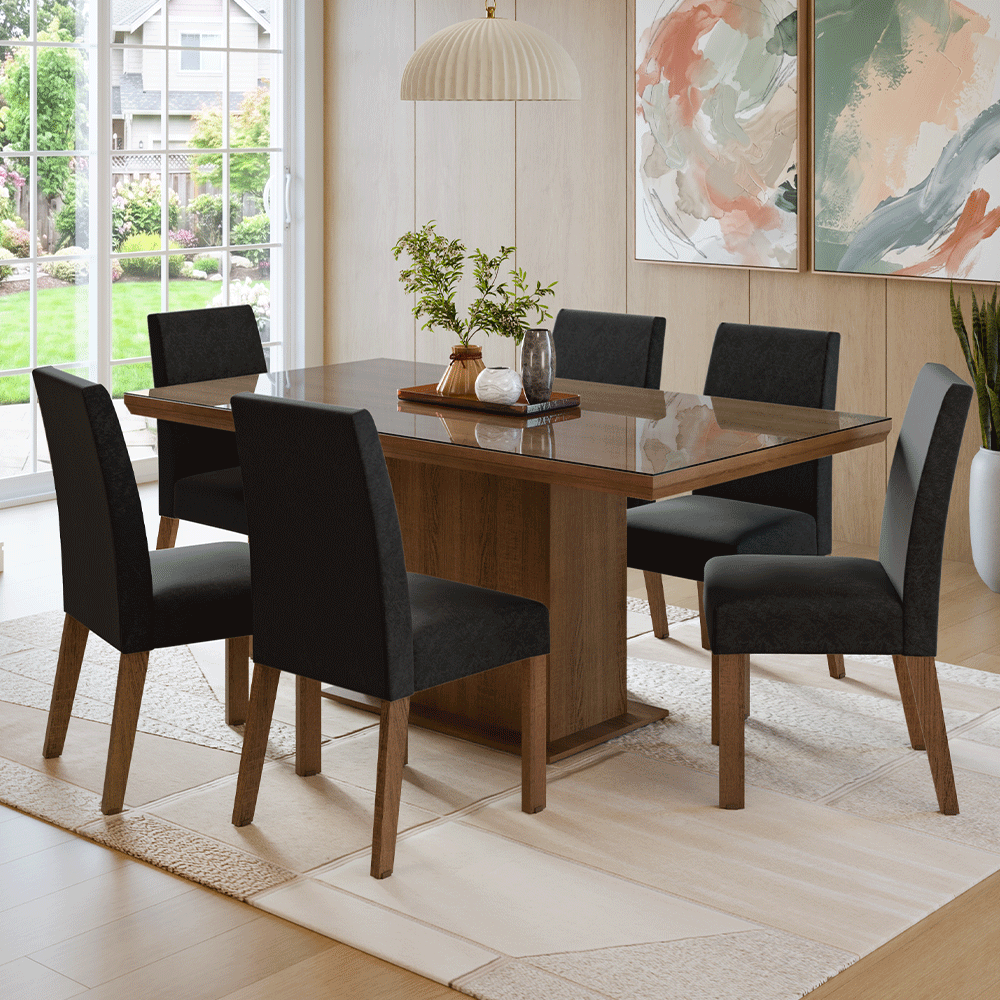 Conjunto Sala de Jantar Tampo com Vidro 6 Cadeiras Rustic/Oxford Alba Madesa
