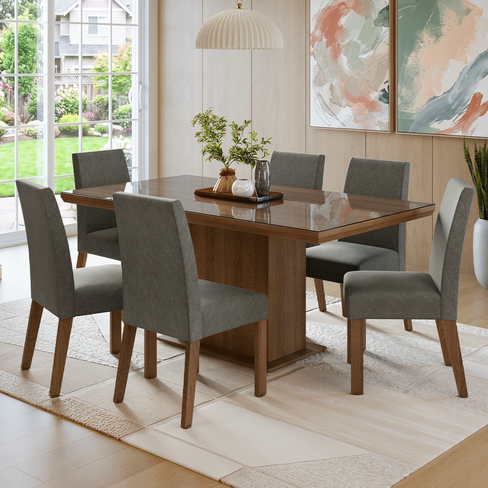 Conjunto Sala de Jantar Tampo com Vidro 6 Cadeiras Rustic/Silver Alba Madesa
