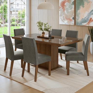 Conjunto Sala de Jantar Tampo com Vidro 6 Cadeiras Rustic/Silver Alba Madesa