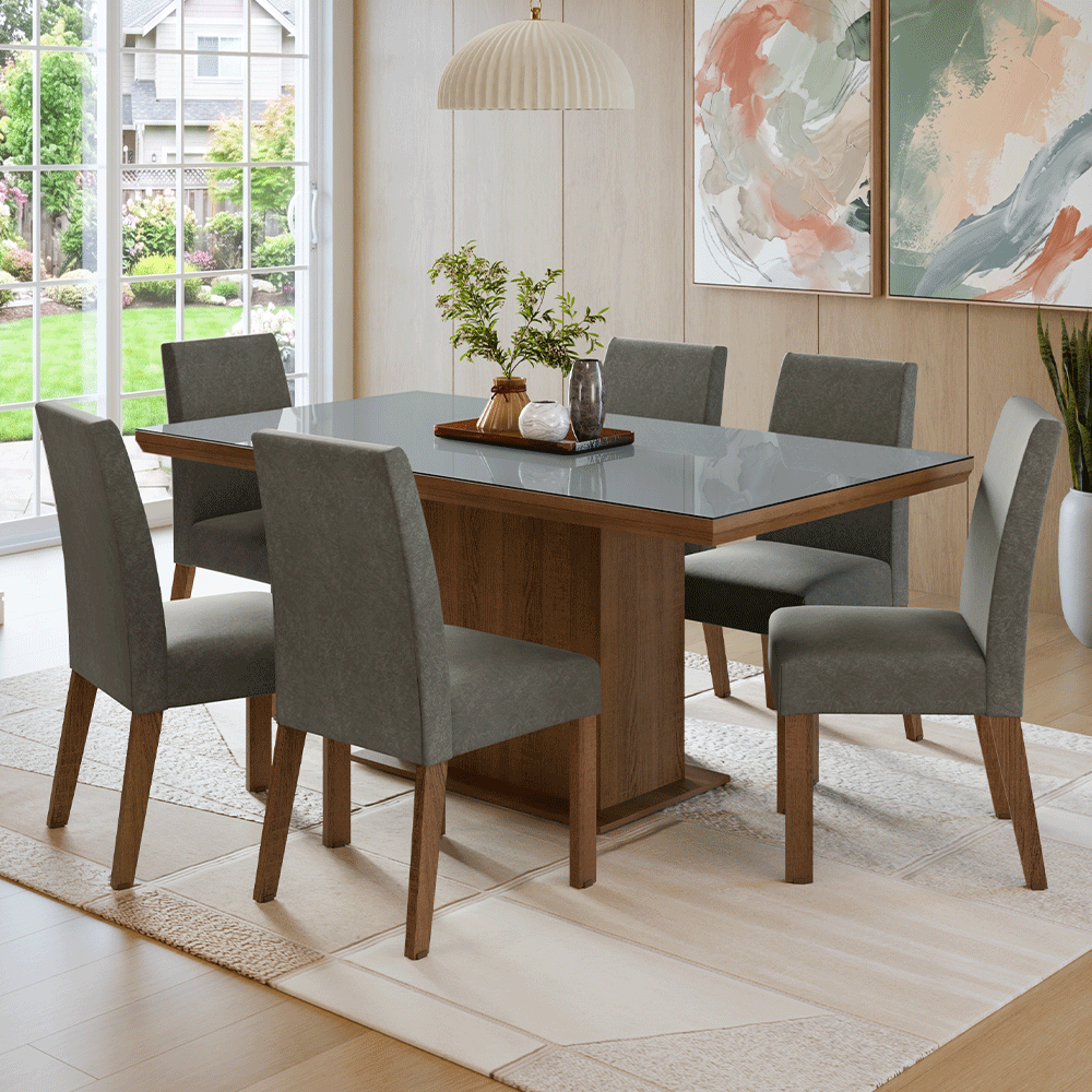 Conjunto Sala de Jantar Tampo com Vidro 6 Cadeiras Rustic/Cinza/Silver Alba Madesa