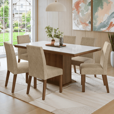 Conjunto Sala de Jantar Tampo com Vidro 6 Cadeiras Rustic/Branco/Imperial Alba Madesa