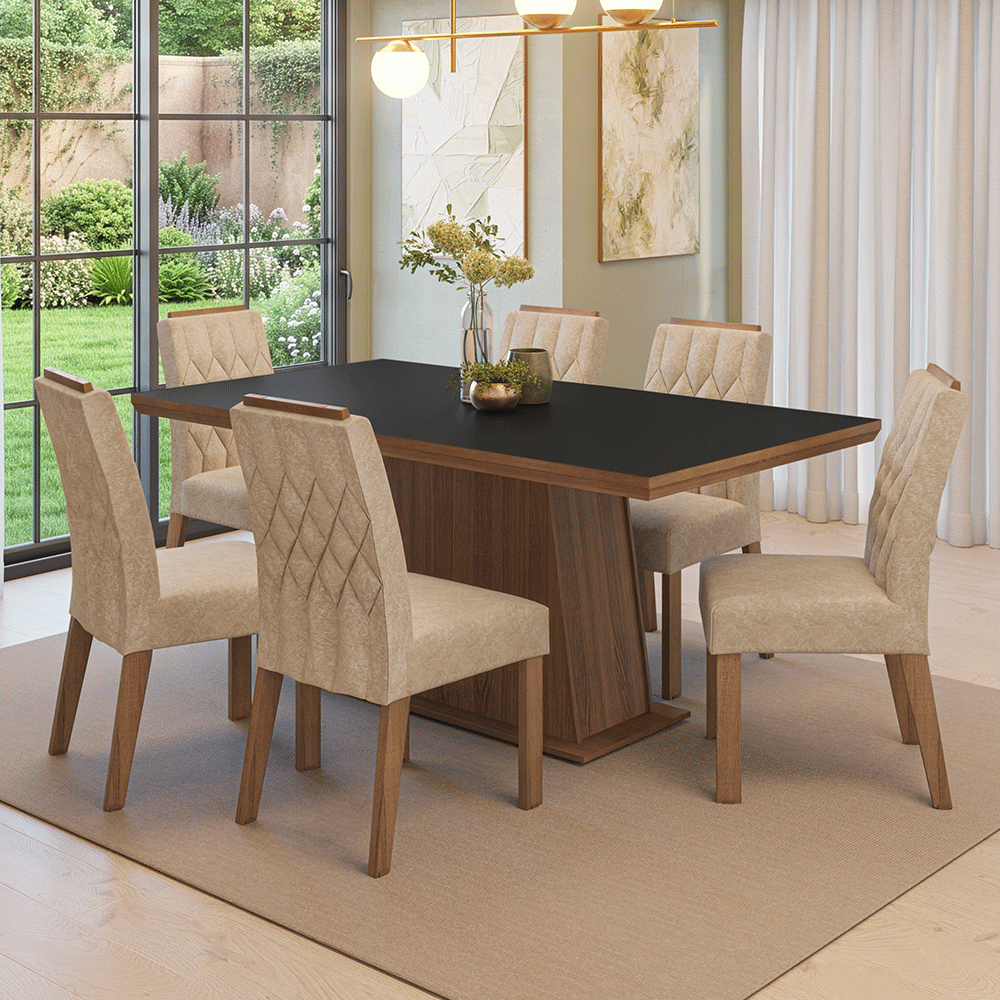 Conjunto Sala de Jantar Tampo de Madeira 6 Cadeiras Rustic/Preto/Imperial Assis Madesa