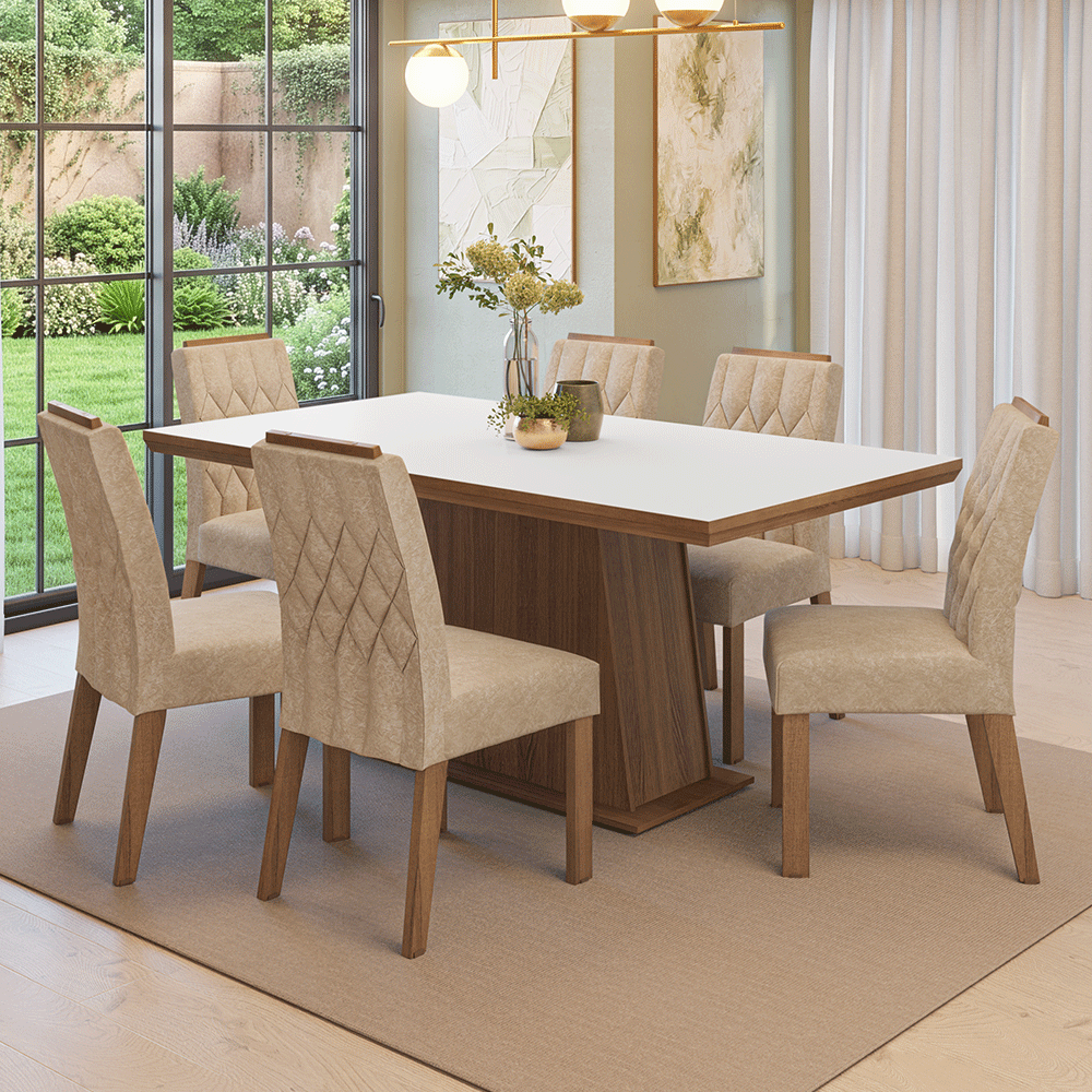 Conjunto Sala de Jantar Tampo de Madeira 6 Cadeiras Rustic/Branco/Imperial Assis Madesa