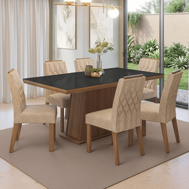 Conjunto Sala de Jantar Tampo com Vidro 6 Cadeiras Rustic/Preto/Imperial Colmar Madesa