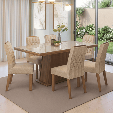 Conjunto Sala de Jantar Tampo com Vidro 6 Cadeiras Rustic/Crema/Imperial Colmar Madesa