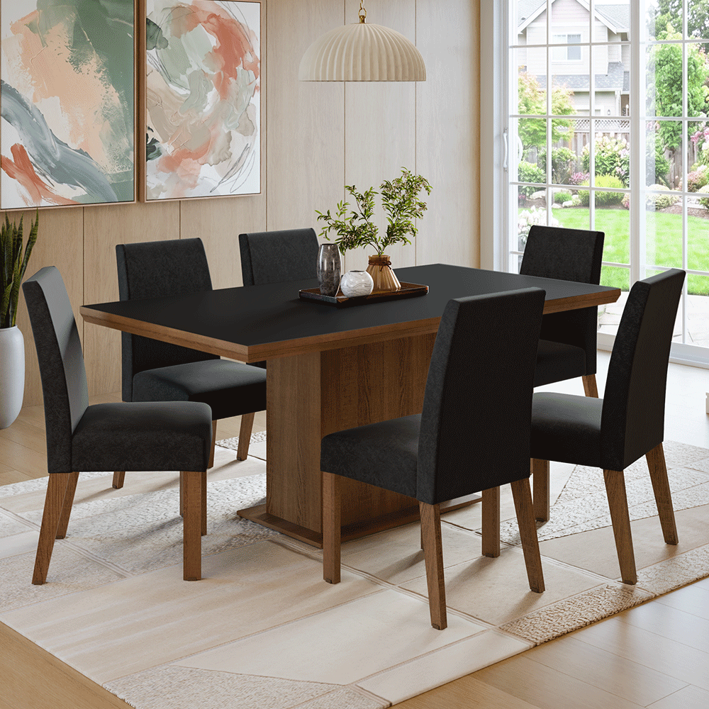 Conjunto Sala de Jantar Tampo de Madeira 6 Cadeiras Rustic/Preto/Oxford Grasse Madesa