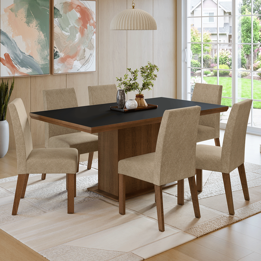 Conjunto Sala de Jantar Tampo de Madeira 6 Cadeiras Rustic/Preto/Imperial Grasse Madesa
